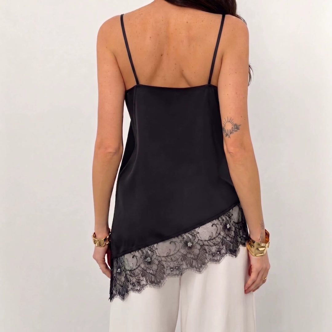 Women nan silky shiny spaghetti strap cami with asymmetric lace edge Mune Fashion
