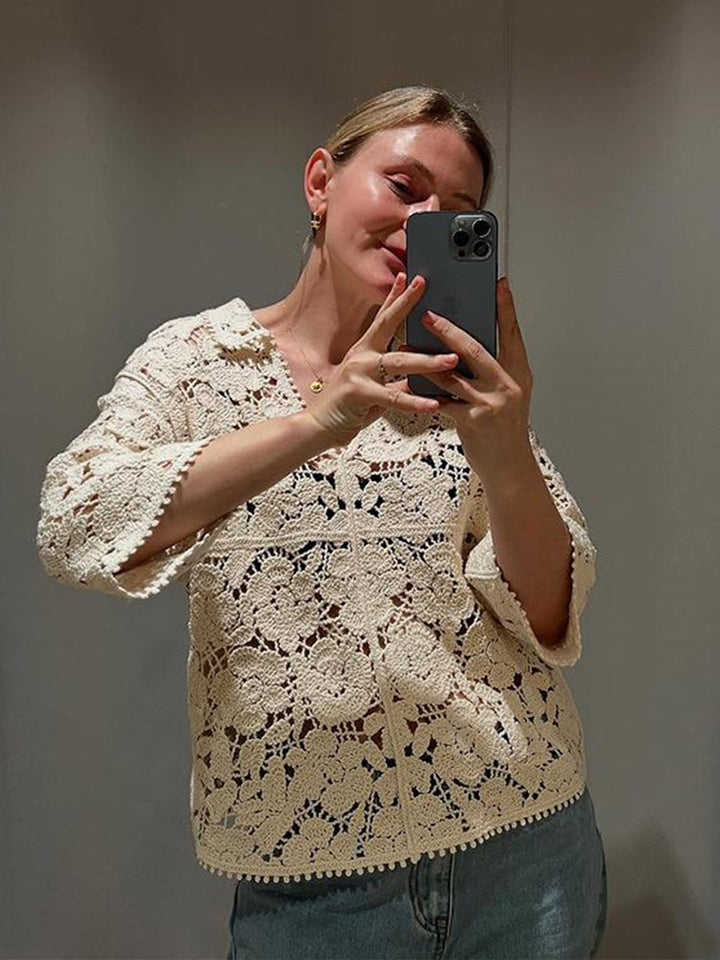 Women's Crocheted Blouse with Floral Openwork Pattern and Three-Quarter Sleeves Mune Fashion