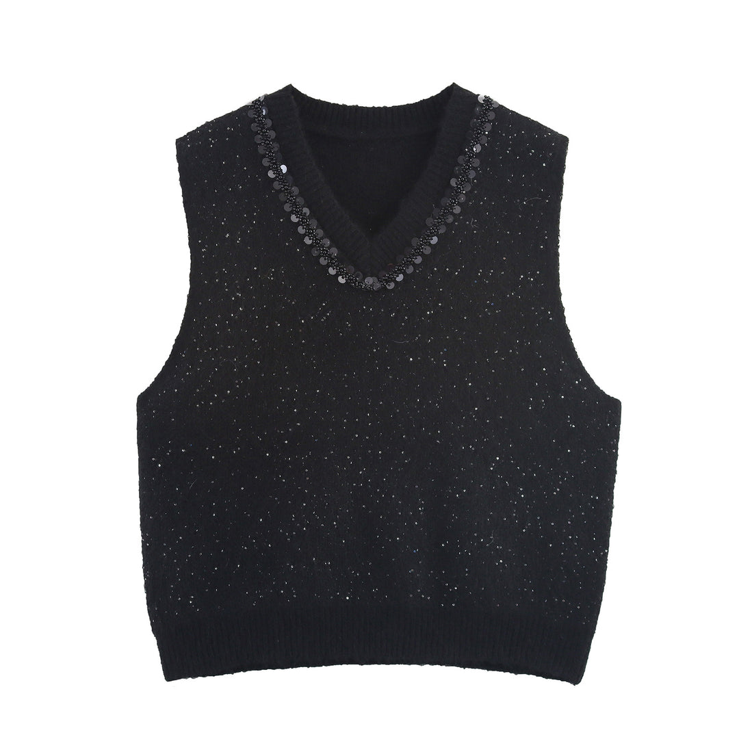 Women's Sleeveless Mohair-Look Knitted Vest with V-Neck and Decorative Sequins Mune Fashion