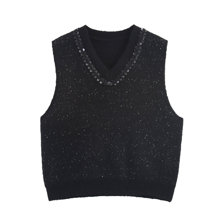 Women's Sleeveless Mohair-Look Knitted Vest with V-Neck and Decorative Sequins Mune Fashion