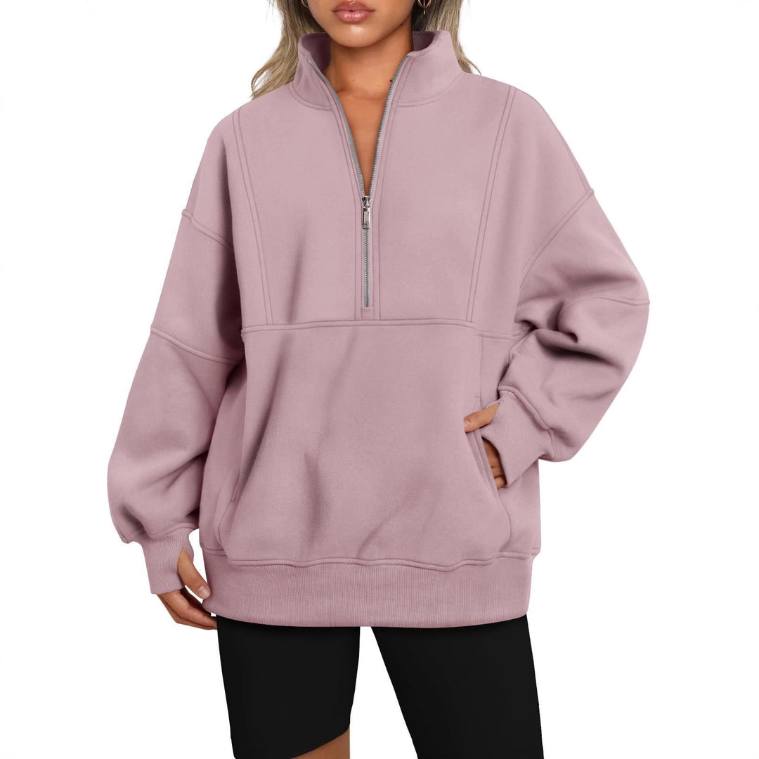 Women's Oversized Sweatshirt with Half Zipper, Stand-Up Collar and Kangaroo Pocket Mune Fashion