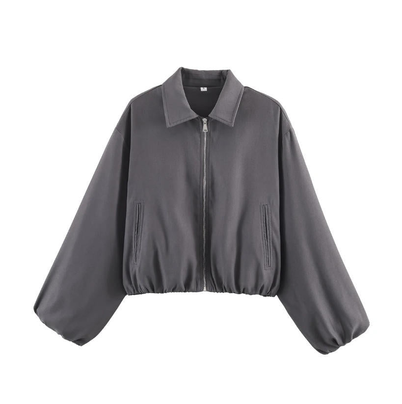Women Shortened Bomber Jacket in Harrington Style with Balloon Sleeves and Elastic Hem Mune Fashion