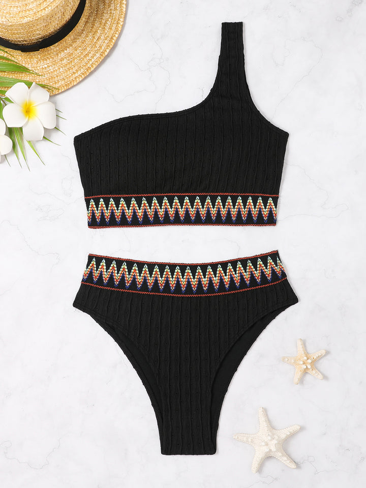 Women One-Sided Crop Bikini with Colorful Jacquard Ribbon Mune Fashion