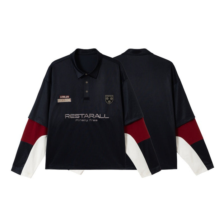 Unisex Long Sleeve Rugby Polo in Oversized Cut with Colorblock Sleeves and Logo Embroidery Mune Fashion