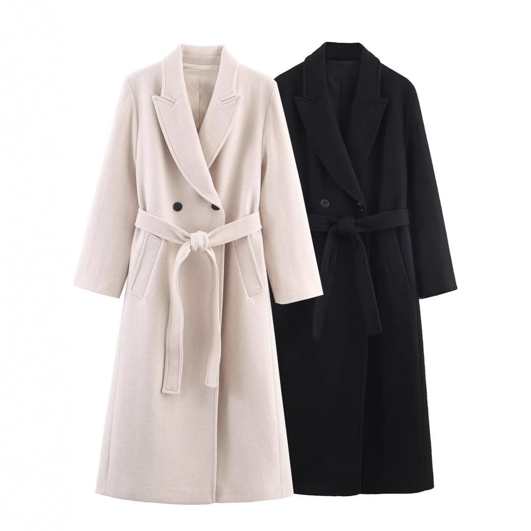 Women Long Tailored Wool Blend Coat with Tie Belt and Lapel Collar Mune Fashion