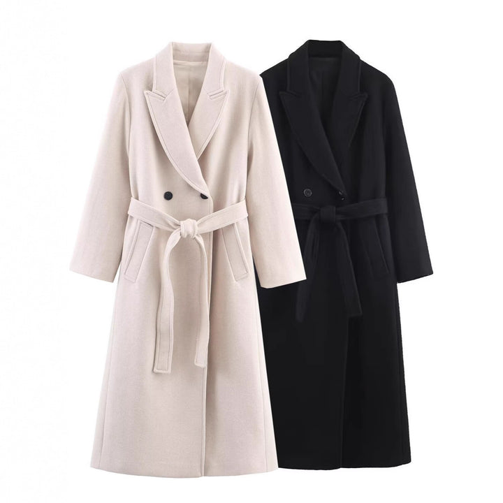Women Long Tailored Wool Blend Coat with Tie Belt and Lapel Collar Mune Fashion