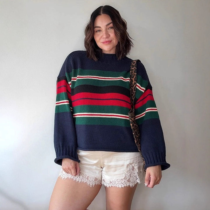 Women Striped Oversize Knit Sweater with Raglan Sleeves Mune Fashion