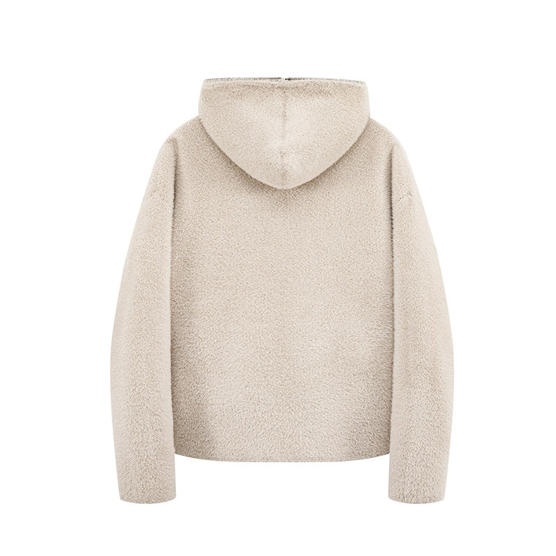 Women's short cut teddy fleece hooded jacket with metal zipper Mune Fashion