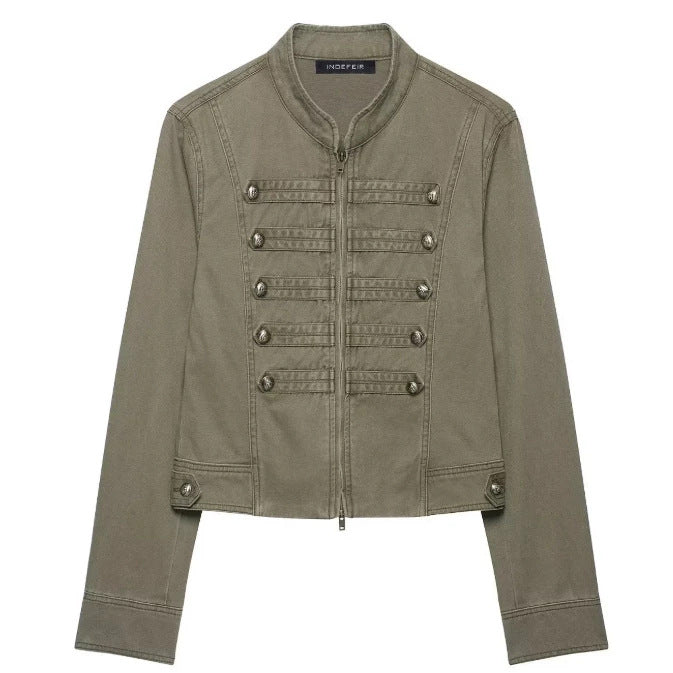 Women's short jacket in boxy cut with high stand-up collar, concealed zipper and elastic hem Mune Fashion
