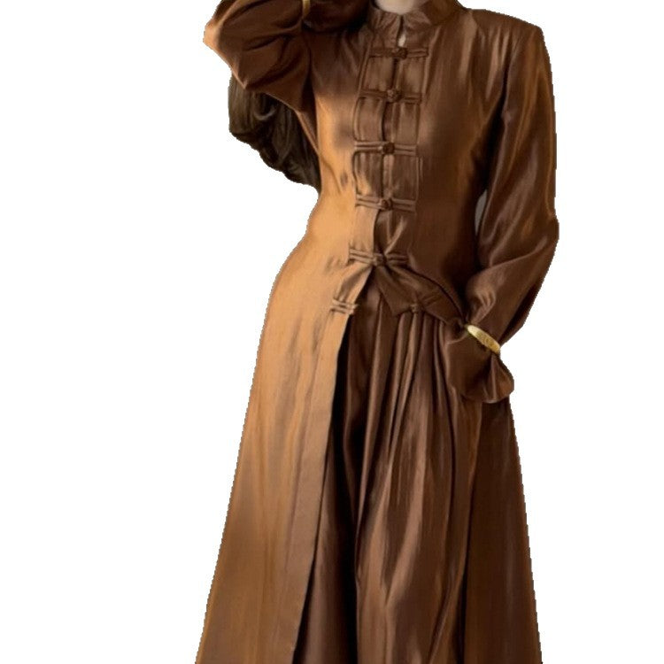 Women’s maxi dress with stand-up collar, traditional knot closure, and balloon sleeves Mune Fashion