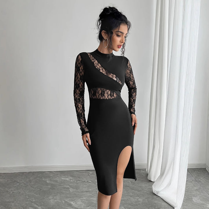 Ladies elegant fitted dress with lace sleeves, transparent waist insert and high side slit Mune Fashion
