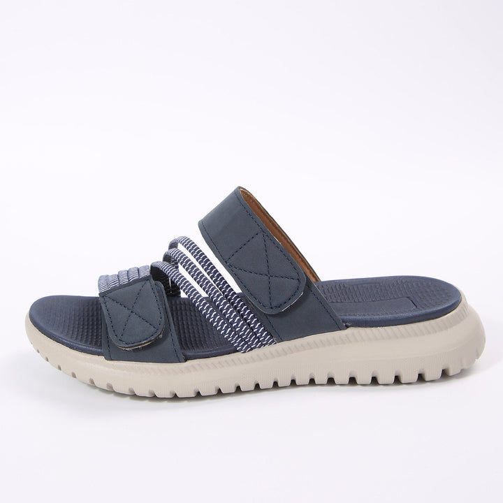 Damen Komfort-Pantolette mit verstellbaren Klettriemen, elastischen Zierbändern und stoßdämpfender Profilsohle Mune Fashion