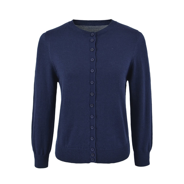 Ladies finely knitted round neck cardigan with button placket and ribbed cuffs Mune Fashion