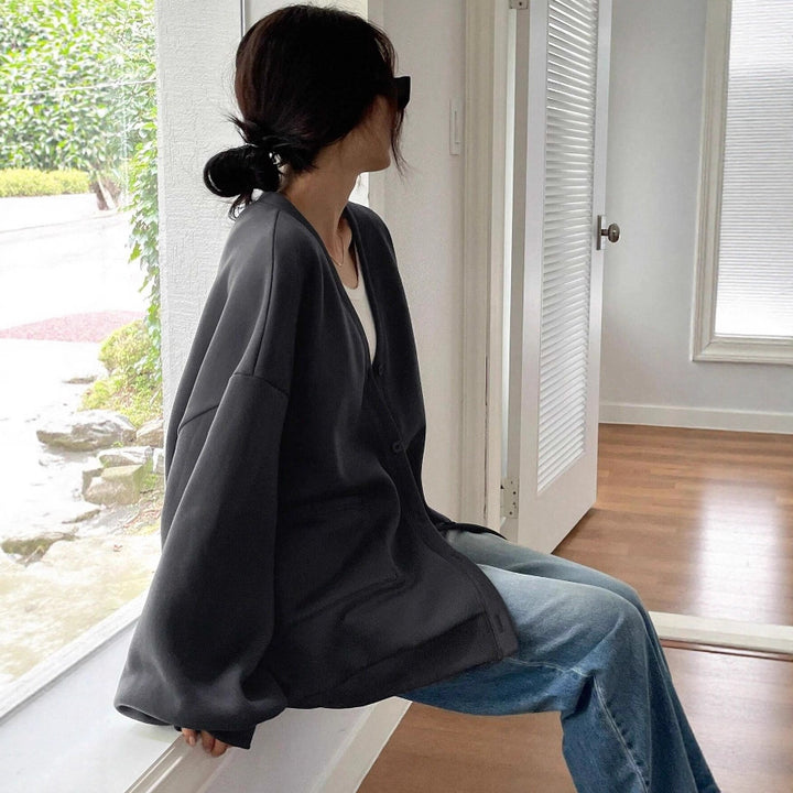Women's Oversized Sweat Cardigan with Button Placket, Patches Pockets and Dropped Shoulder Drune