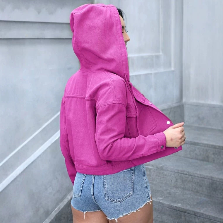 Women's Cropped Denim Jacket with Hood, Snap Button Front and Tailored Fit Mune Fashion