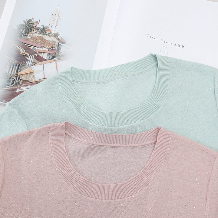 Women Short Sleeved Fine Knit Top with Subtle Glitter Yarn and Round Neckline Mune Fashion