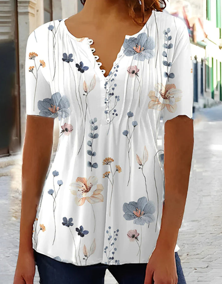 Women's slightly lightweight V-neck blouse shirt with decorative button placket and subtly pleated front part Mune Fashion