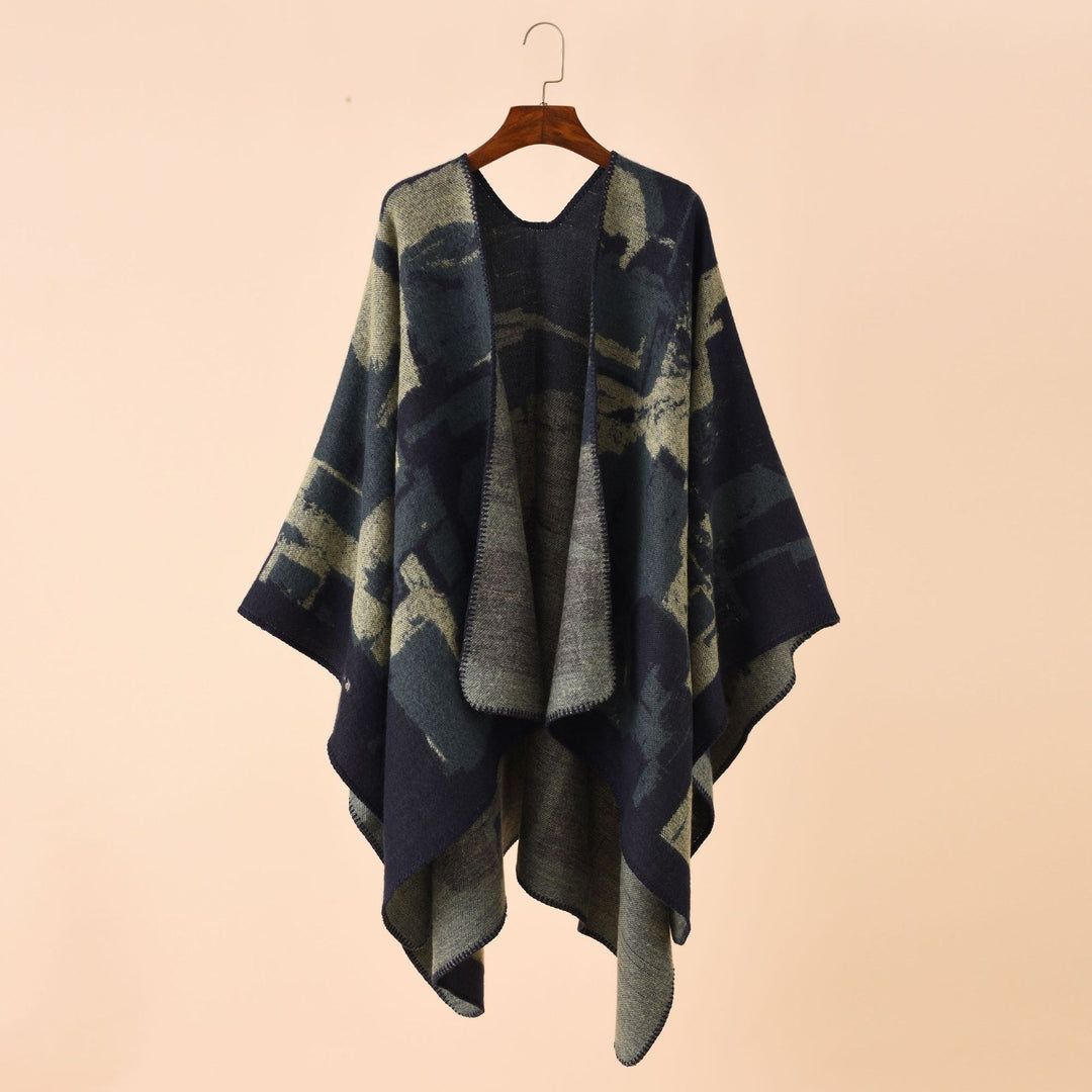 Women's oversized wrap robe made of wool blend with abstract jacquard and decorative stitch edge Mune Fashion