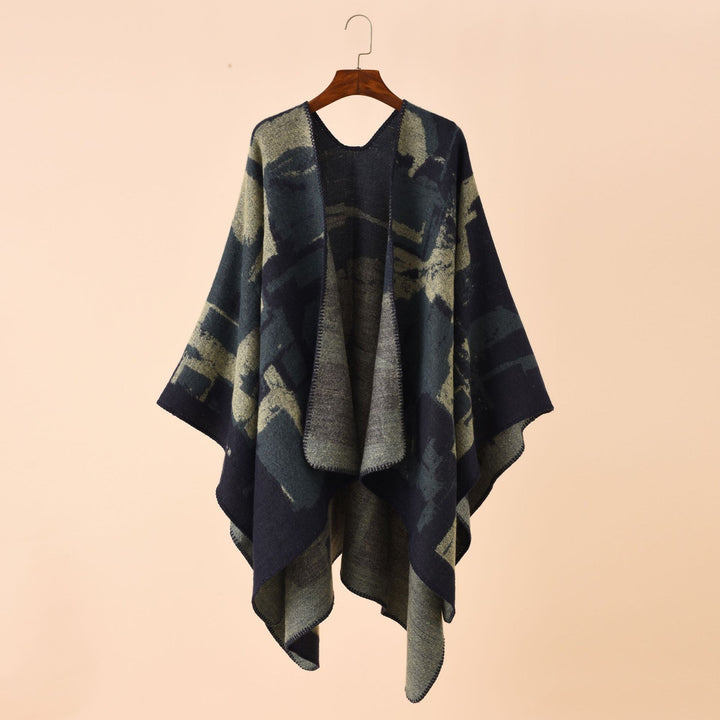 Women's oversized wrap robe made of wool blend with abstract jacquard and decorative stitch edge Mune Fashion