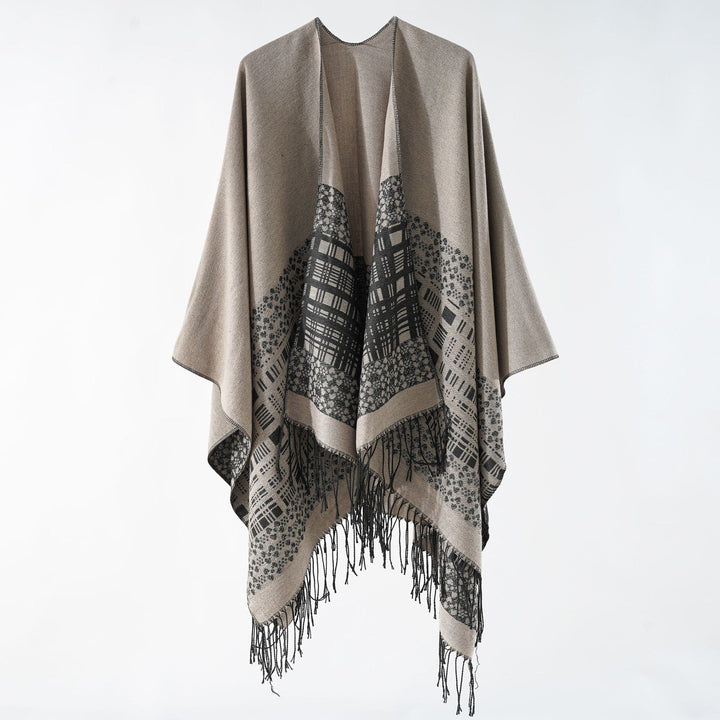 Women's wool blend shoulder poncho with jacquard pattern and fringe hem Mune Fashion