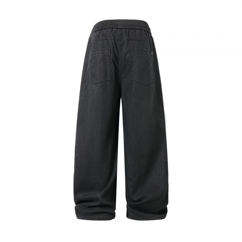 Unisex Loose Denim Pants with Elastic Waistband, Drawstring and Five Pockets Mune Fashion