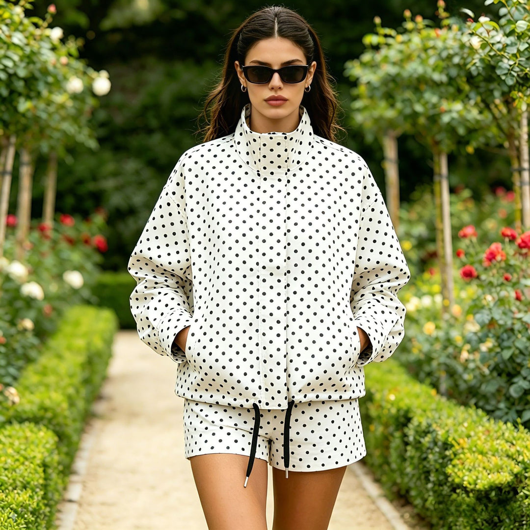 Women's Polka Dot Cropped Blouson Jacket with Stand Collar and Drawstring Mune Fashion