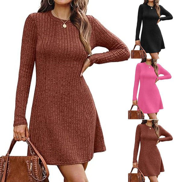 Women's Ribbed Knit Mini Dress with Round Neckline and Slim Silhouette Mune Fashion