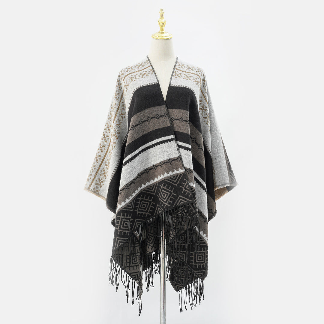 Women Woven Jacquard Poncho with Geometric Ethno Pattern and Fringed Hem Mune Fashion