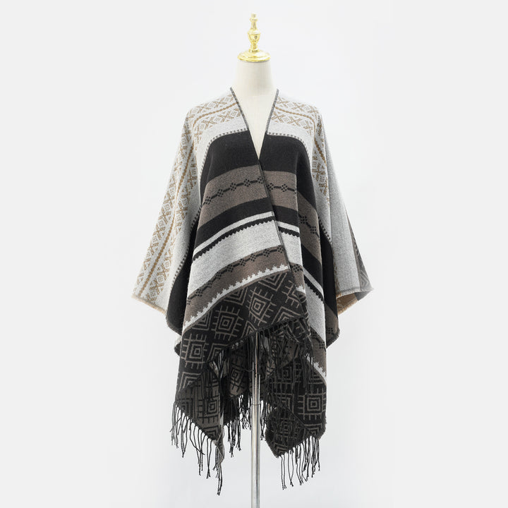Women Woven Jacquard Poncho with Geometric Ethno Pattern and Fringed Hem Mune Fashion