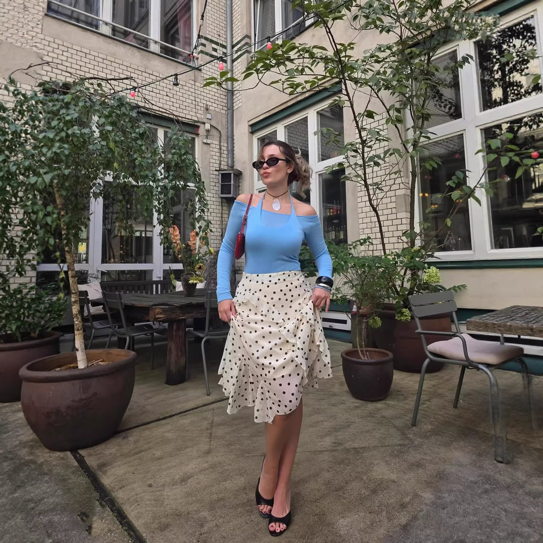 Women Playful Midi Skirt with Wrap Look Ruffles and Polka Dot Print Mune Fashion