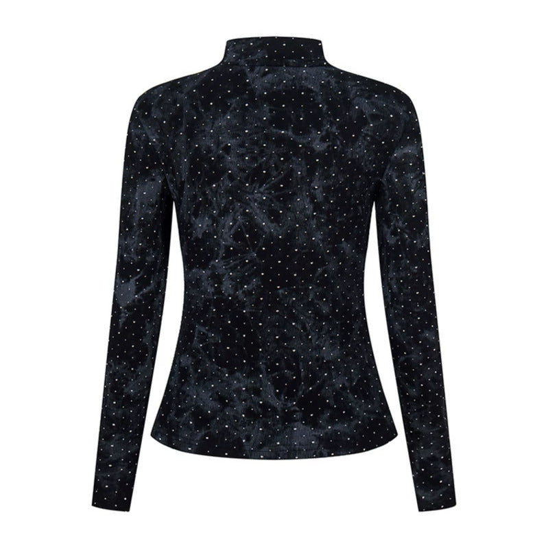 Women's long sleeve shirt with stand-up collar and decorative cord appliqué Mune Fashion