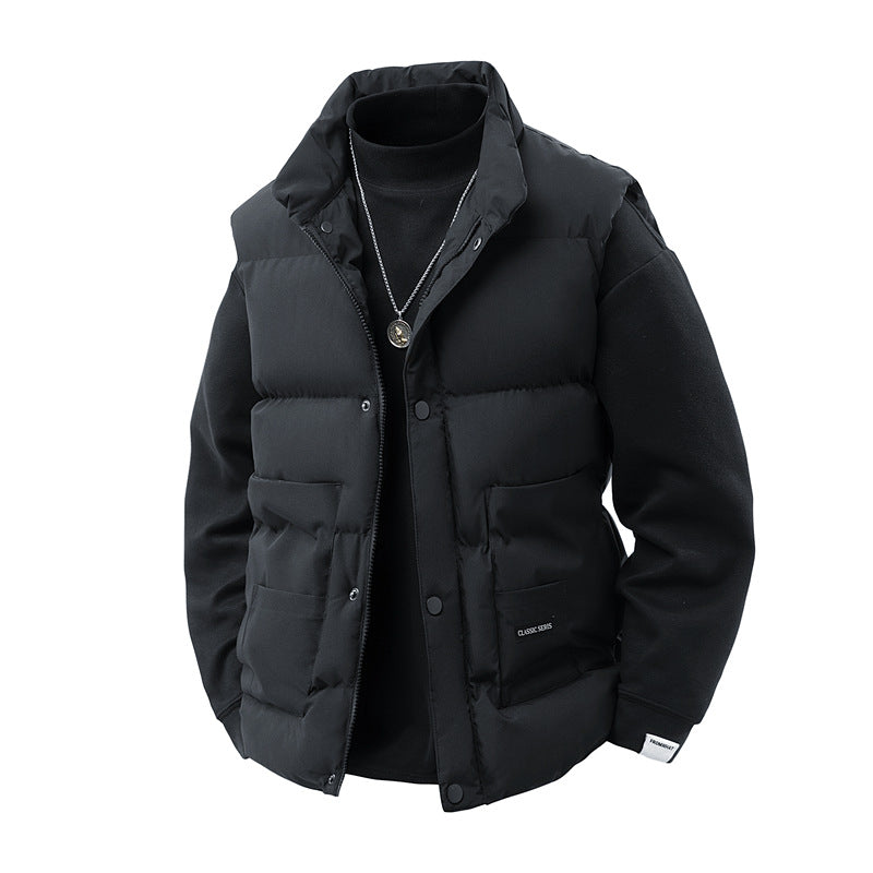 Men's thermo quilted vest with high collar trim, snap button front & mounted utility pockets Mune Fashion