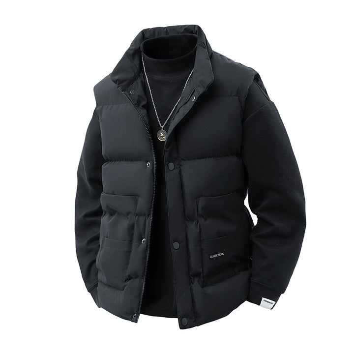 Men's thermo quilted vest with high collar trim, snap button front & mounted utility pockets Mune Fashion