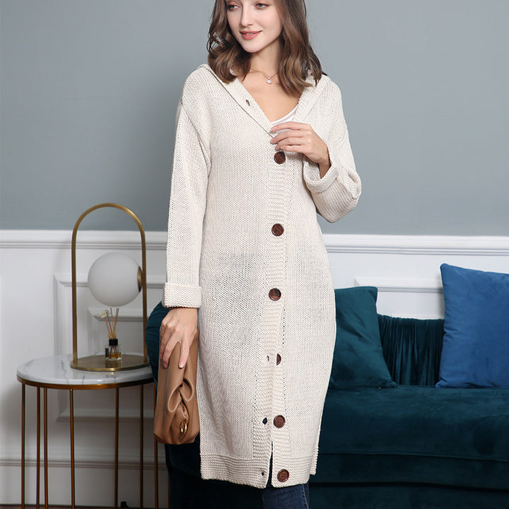 Women's Hooded Long Cardigan made of medium-thick ribbed knit with a full button placket and loose oversized cut Mune Fashion