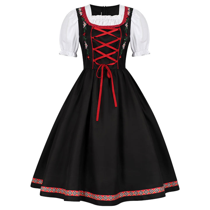 Ladies' traditional dirndl dress with embroidered bodice, puff sleeves, and apron Mune Fashion