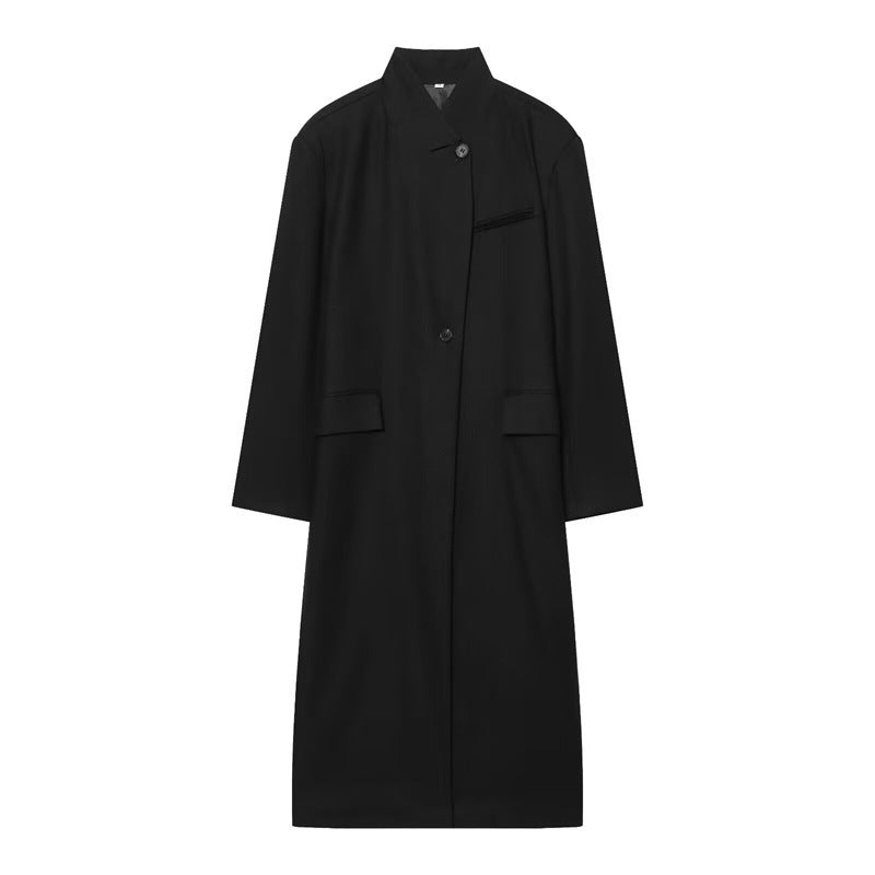 Women's Long Coat with Mandarin Collar, Minimalist Silhouette and Concealed Button Placket Mune Fashion