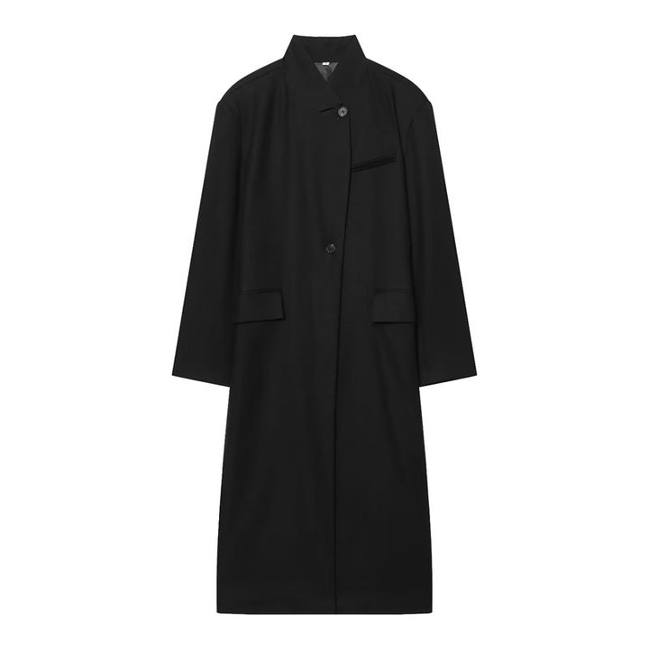 Women's Long Coat with Mandarin Collar, Minimalist Silhouette and Concealed Button Placket Mune Fashion