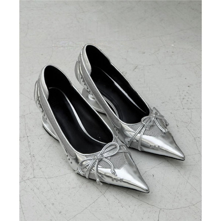 Women's pointed metallic slingback pumps with sculptural heel and bow accent Mune Fashion