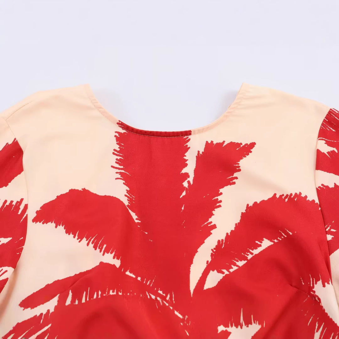 Women's midi dress in kimono style with wide bell sleeves and tropical palm print Mune Fashion