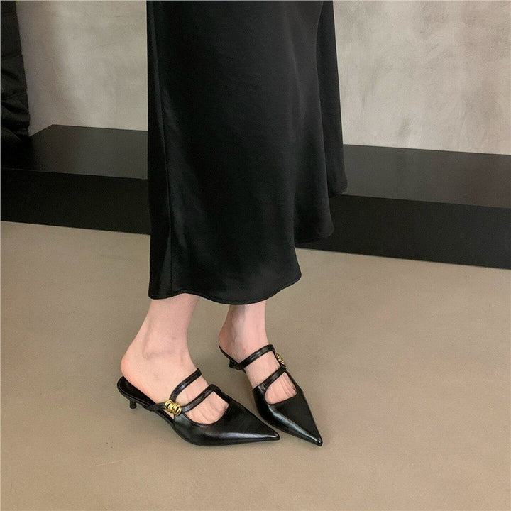 Women's Pointed Toe Kitten Heel Mules with Double Strap and Gold Decorative Buckle Mune Fashion