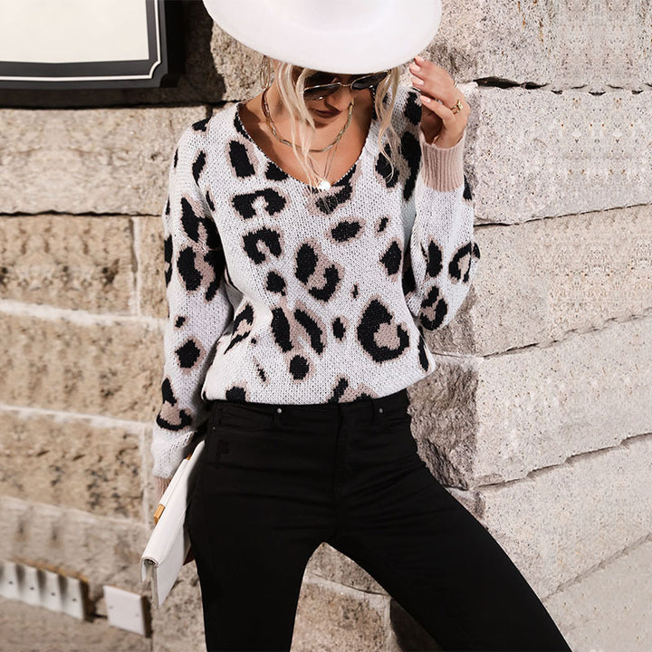 Women Casual Knit Sweater with Leopard Pattern Mune Fashion