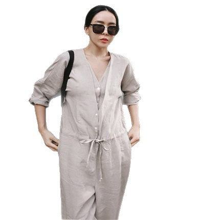 Women's Linen Jumpsuit with V-Neck and Tie Belt Mune Fashion