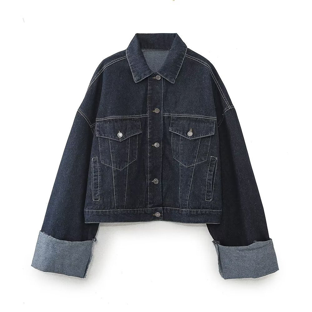 Women's 1700+ Cropped Denim Jacket with Extra Long Turned-Up Cuffs and Boxy Silhouette Mune Fashion