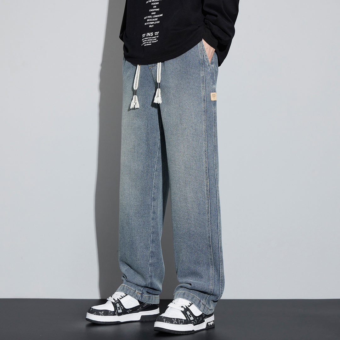 Men's Wide Denim Jogging Pants with Woven Drawstring and Herringbone Texture Mune Fashion