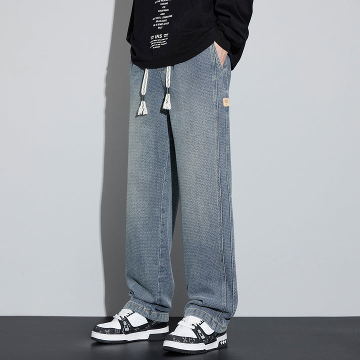 Men's Wide Denim Jogging Pants with Woven Drawstring and Herringbone Texture Mune Fashion