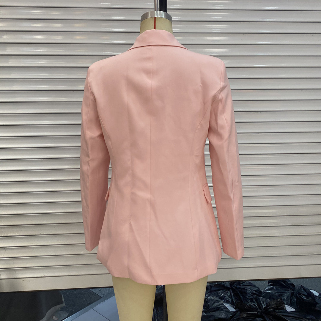 Women's elegant long blazer with decorative knot closures and flap pockets Mune Fashion