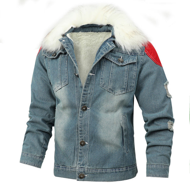 Men's Lined Denim Trucker Jacket with Teddy Lining and Faux Fur Hood Mune Fashion