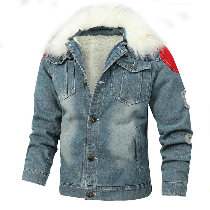 Men's Lined Denim Trucker Jacket with Teddy Lining and Faux Fur Hood Mune Fashion