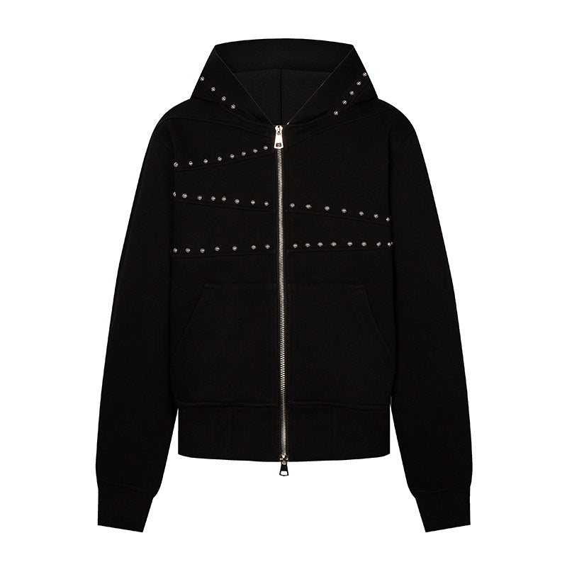 Women's hooded sweat jacket with studded accents, full-length zipper, and kangaroo pockets Mune Fashion