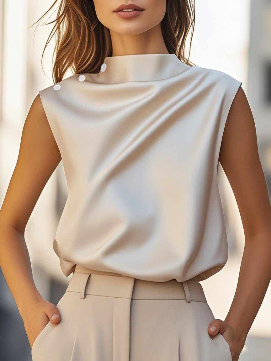 Ladies Elegant Satin Top with Chic Stand Collar and Fine Button Details Mune Fashion
